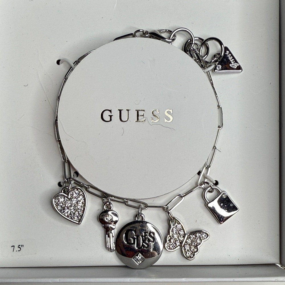 Guess Silver Charm Bracelet with Heart and Butterfly